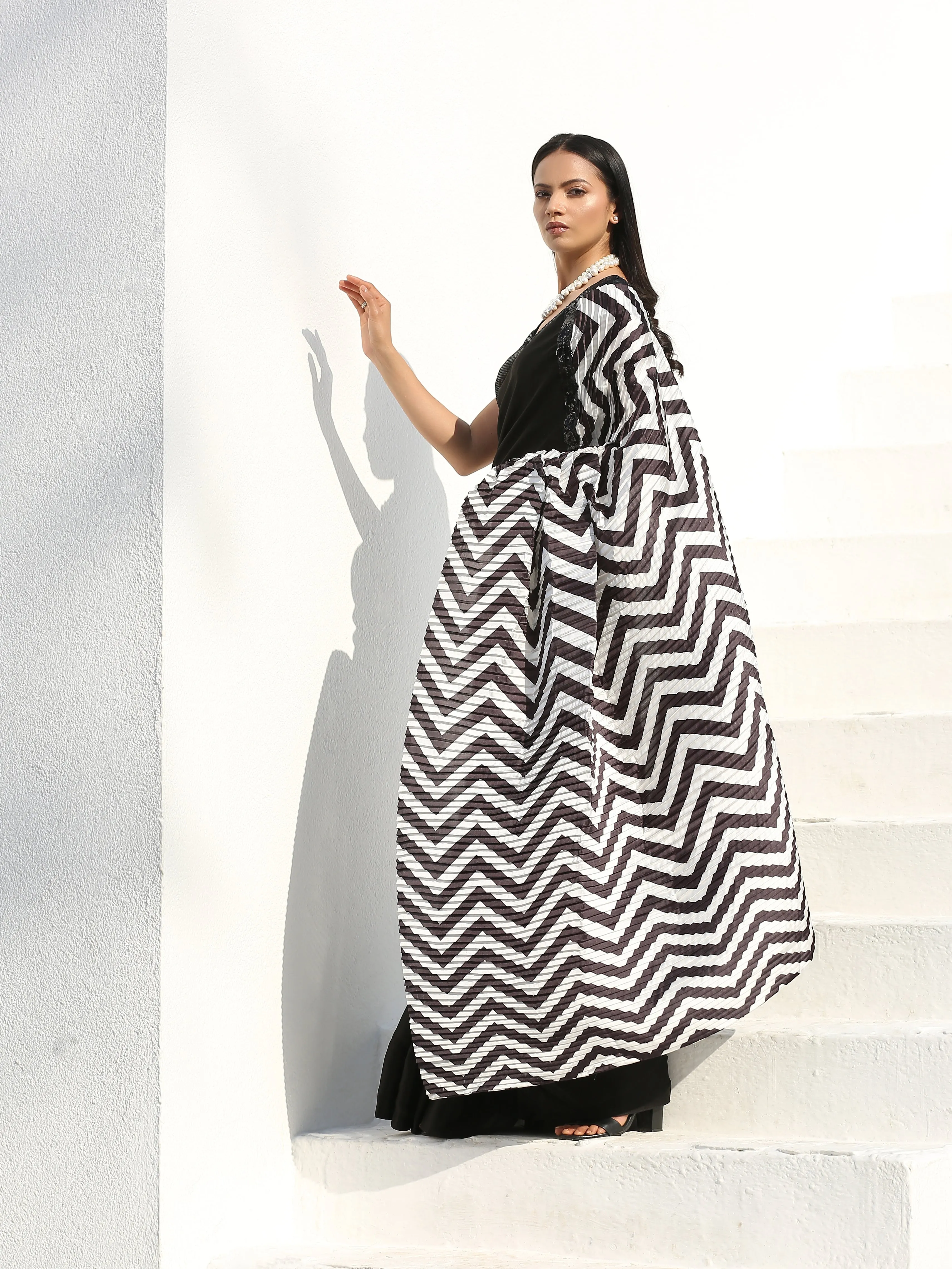 SET | BOLD Chevron & Black Satin Saree  Sequin Cap Sleeve Blouse