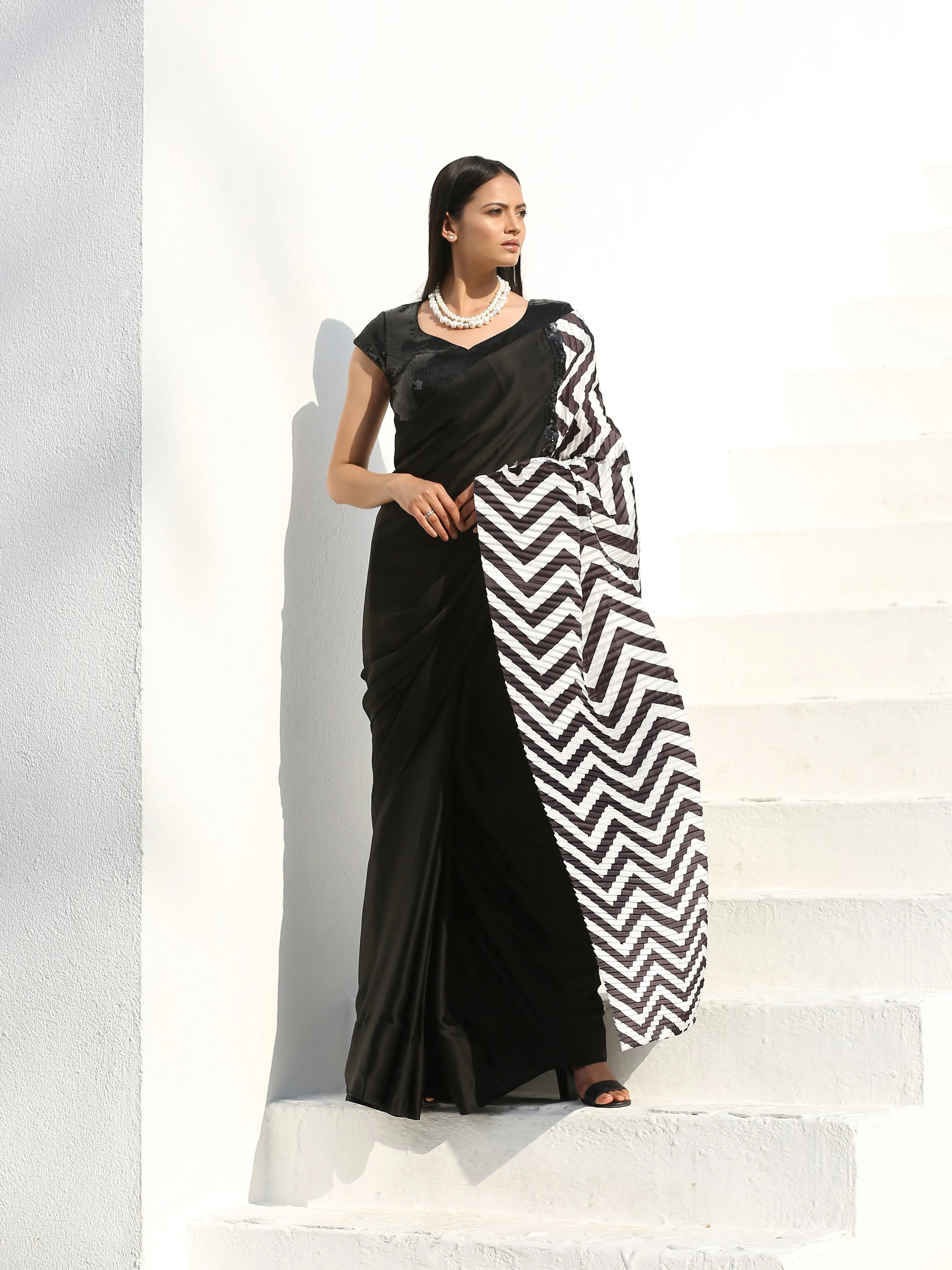 SET | BOLD Chevron & Black Satin Saree  Sequin Cap Sleeve Blouse