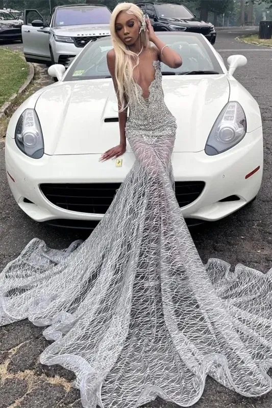 Silver Deep V-neck Sleeveless Mermaid Sparkle Court Train Prom Dresses