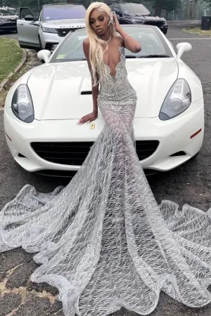 Silver Deep V-neck Sleeveless Mermaid Sparkle Court Train Prom Dresses
