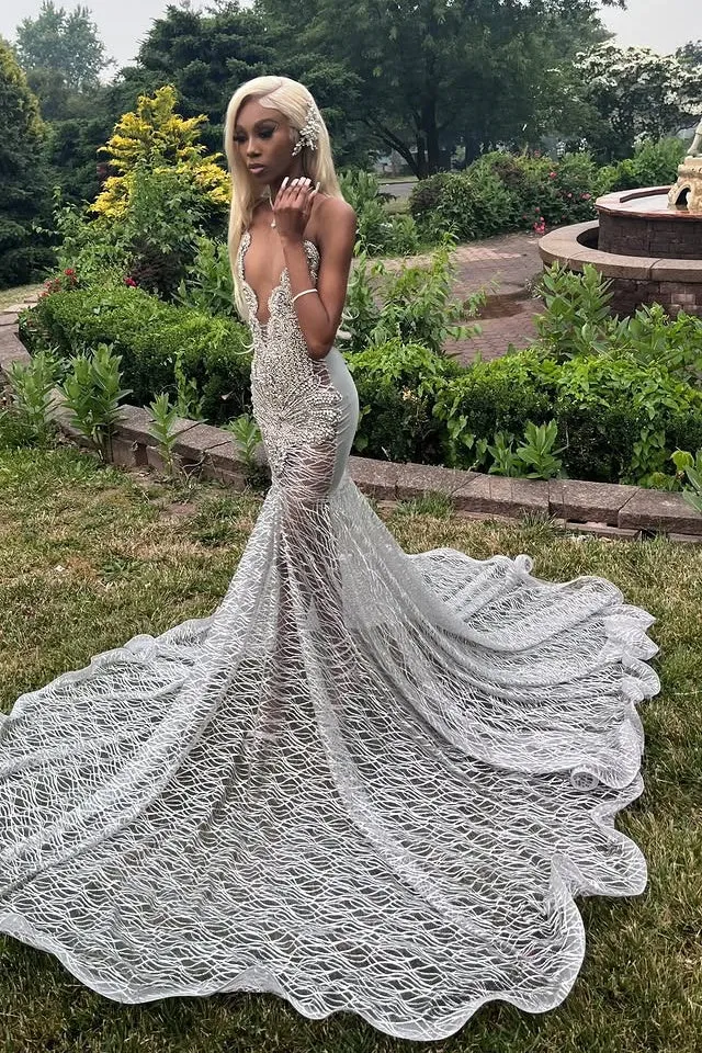 Silver Deep V-neck Sleeveless Mermaid Sparkle Court Train Prom Dresses