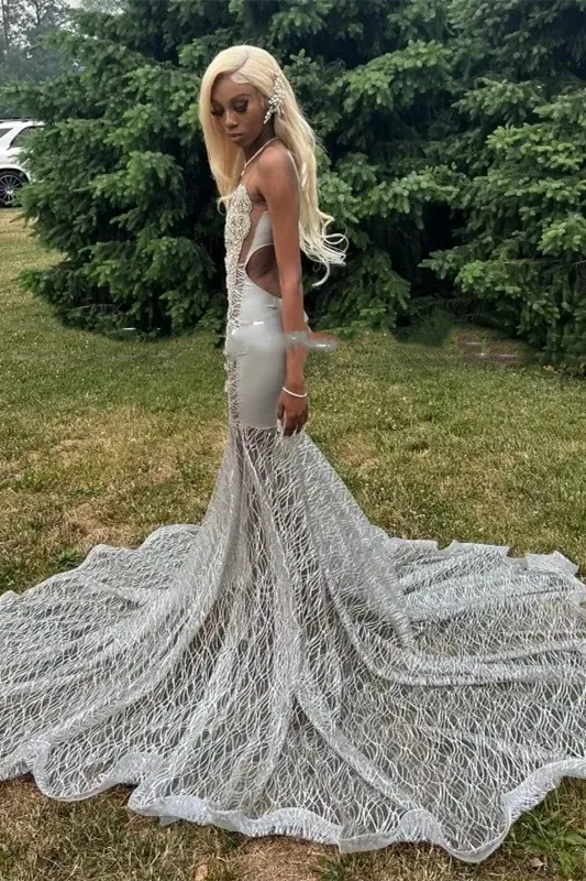 Silver Deep V-neck Sleeveless Mermaid Sparkle Court Train Prom Dresses