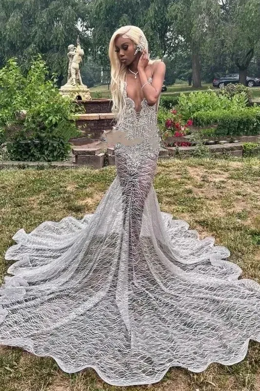 Silver Deep V-neck Sleeveless Mermaid Sparkle Court Train Prom Dresses