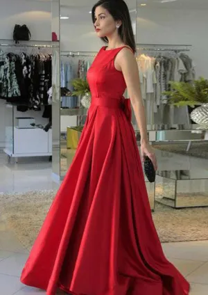 Sleeveless Open V Back Sweep Satin Formal Bridesmaid Evening Dress, Bow