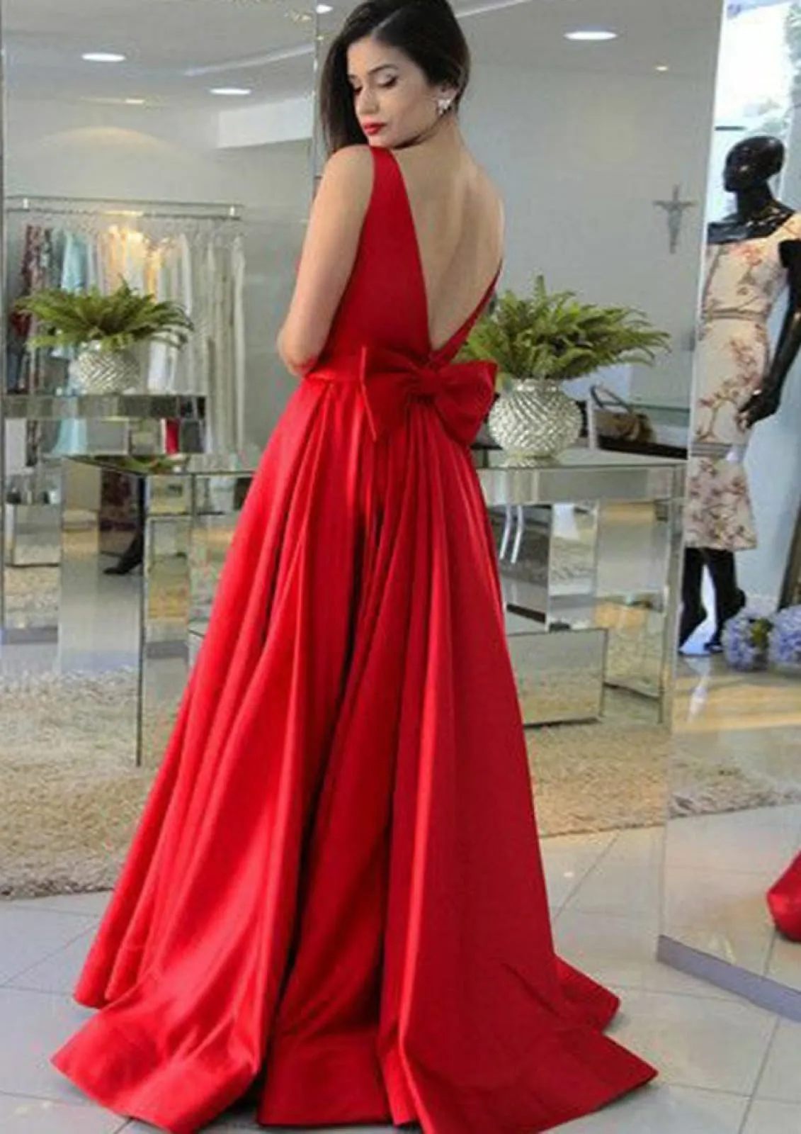 Sleeveless Open V Back Sweep Satin Formal Bridesmaid Evening Dress, Bow