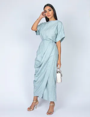 SS20  ORGANIC AQUA CRUSHED LINEN T SHIRT & FAUX WRAP DRAPE SKIRT SET