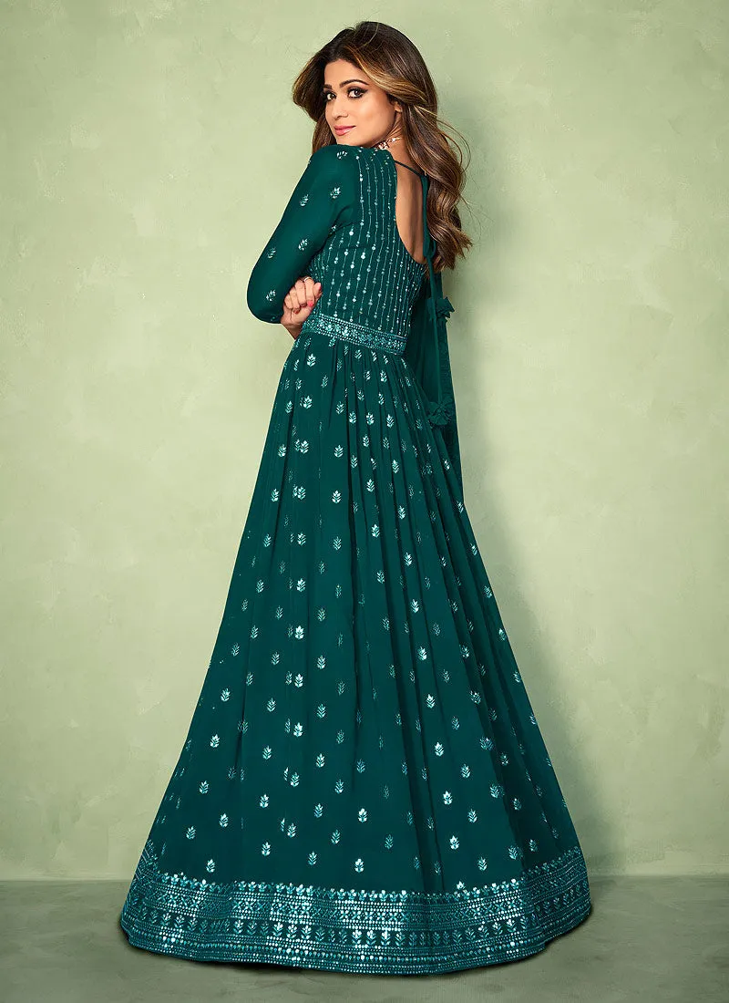 Turquoise Sequence Embroidered Slit Style Anarkali Lehenga Suit