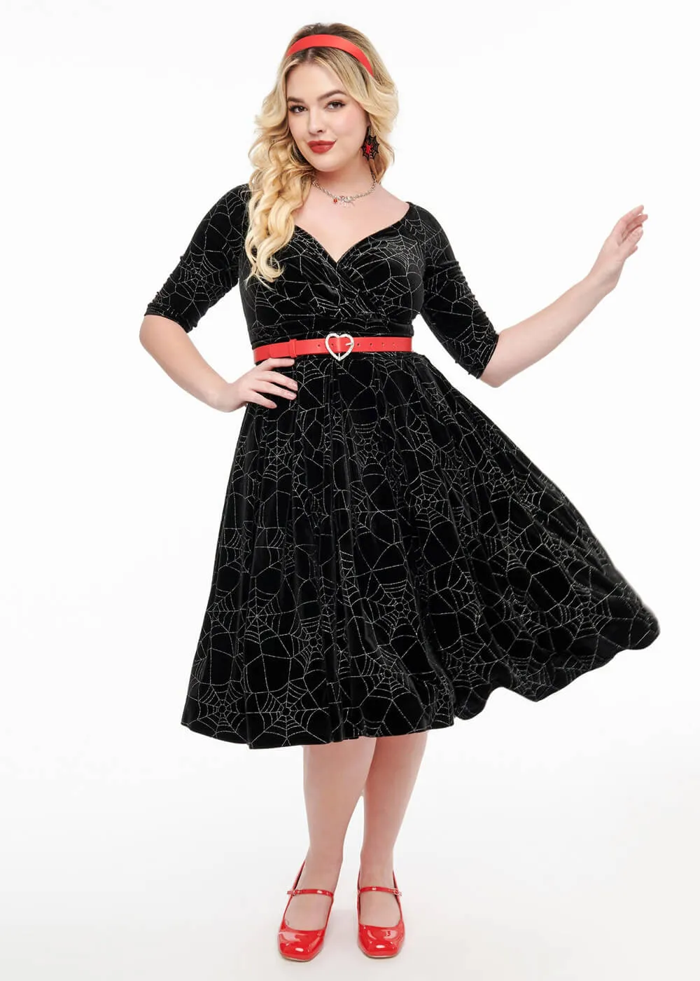 Unique Vintage Spiderweb Glitter Velvet 50's Swing Dress Black