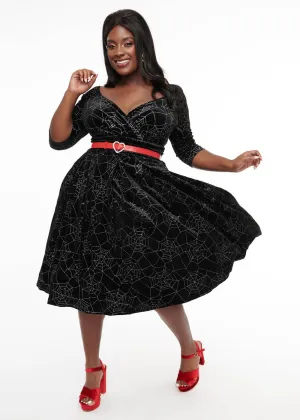 Unique Vintage Spiderweb Glitter Velvet 50's Swing Dress Black