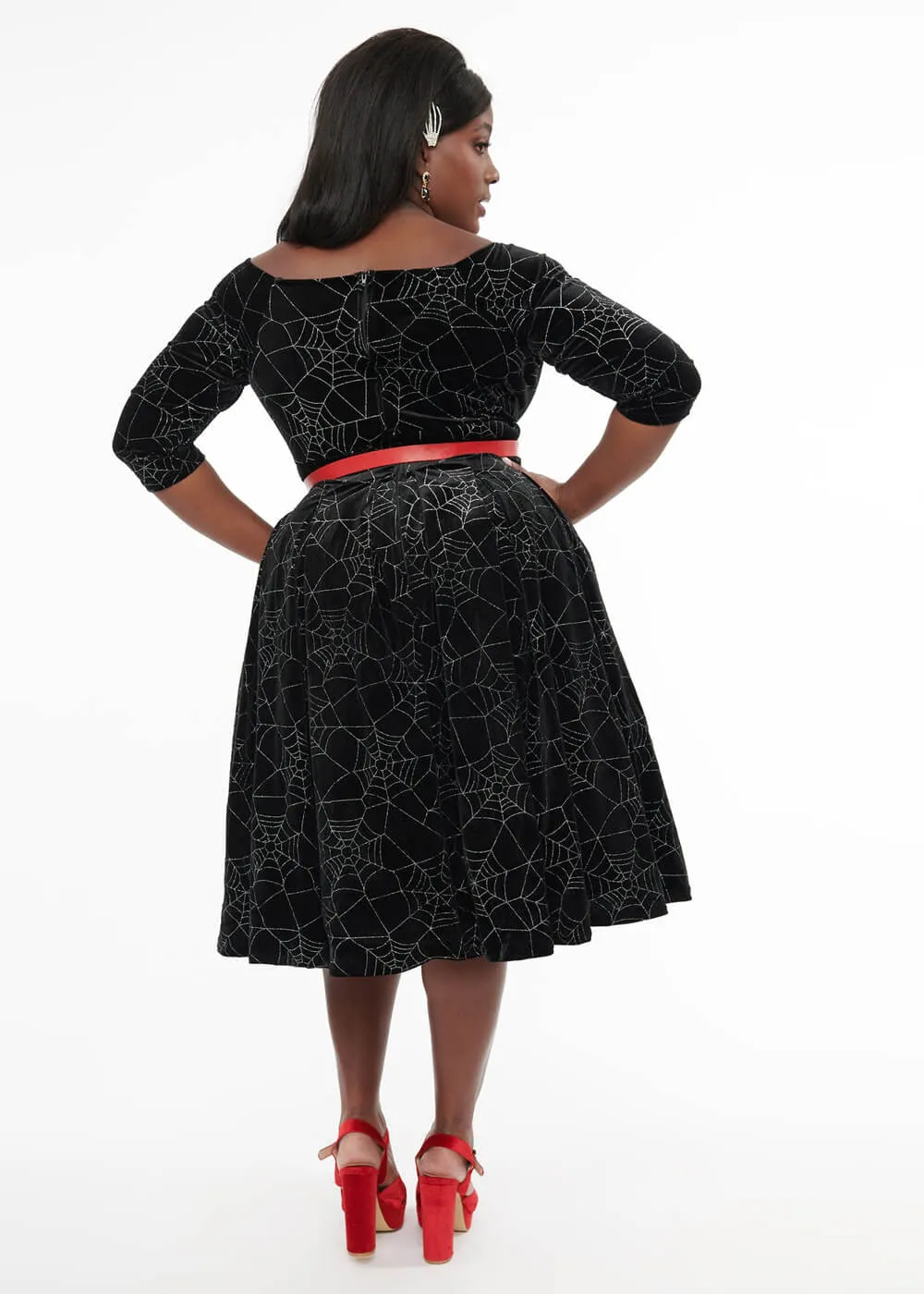 Unique Vintage Spiderweb Glitter Velvet 50's Swing Dress Black