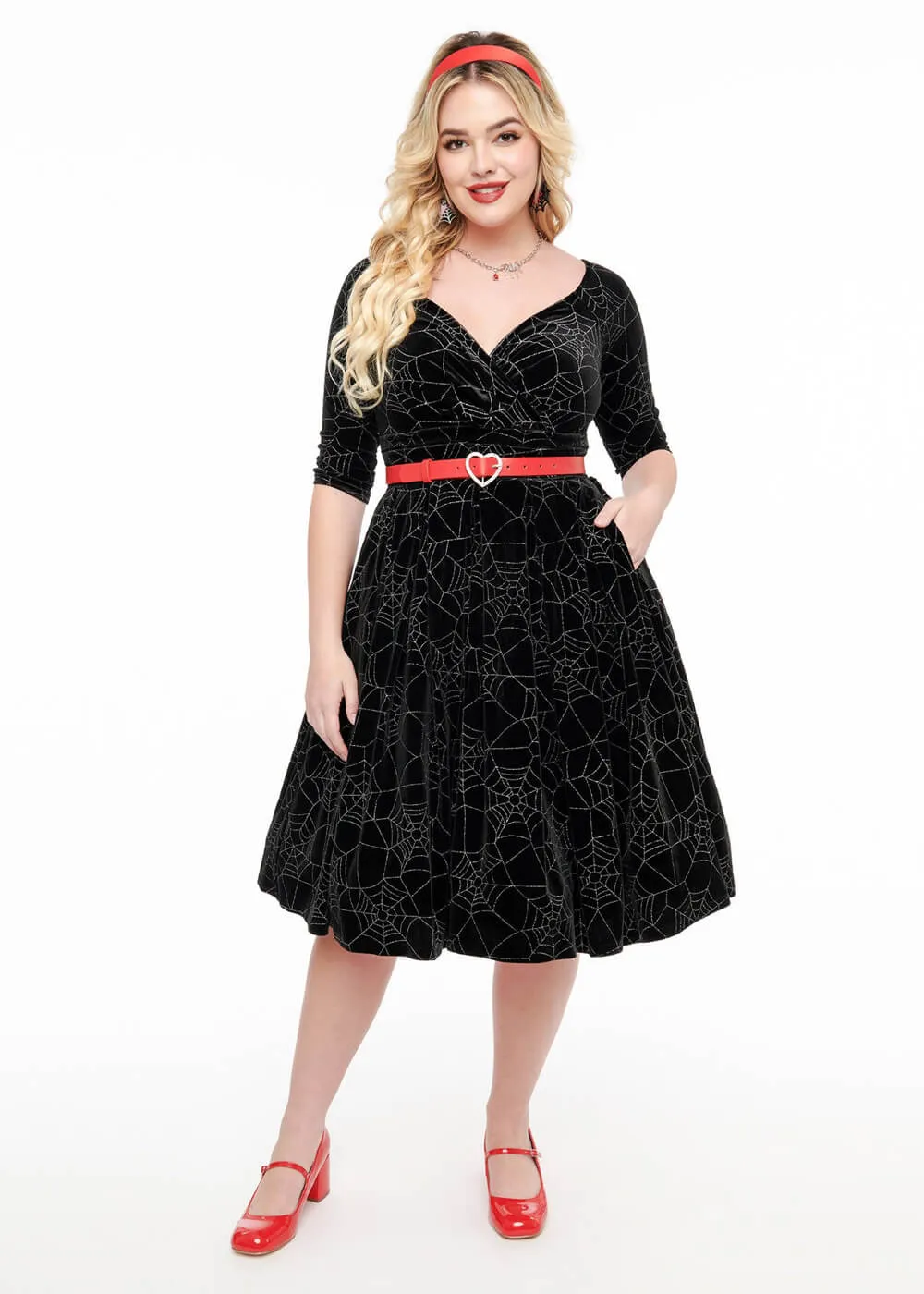 Unique Vintage Spiderweb Glitter Velvet 50's Swing Dress Black
