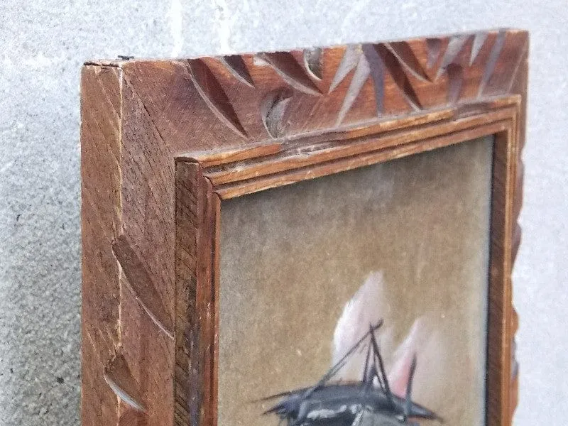Velvet Ship Painting in Decorative Wood Frame