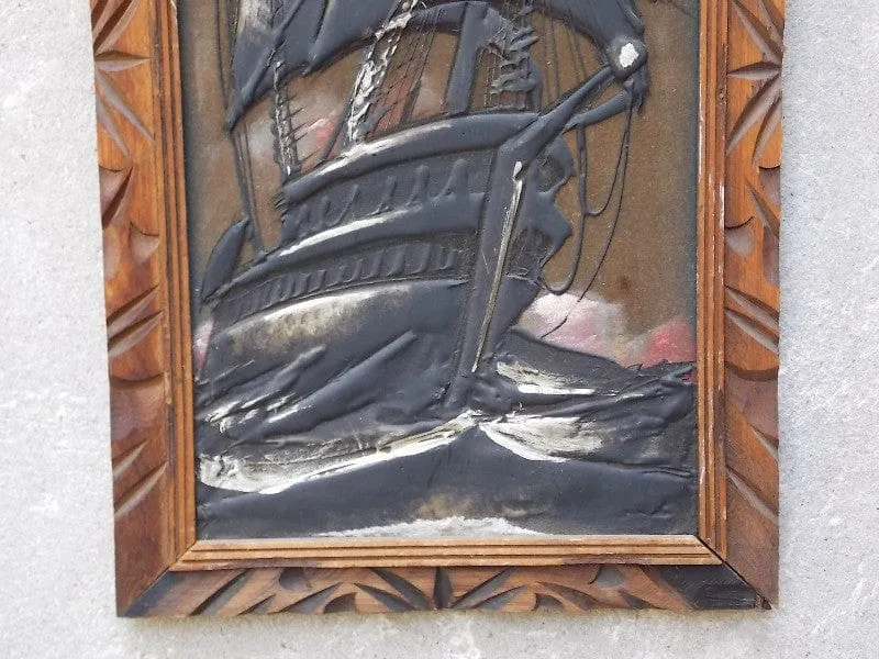 Velvet Ship Painting in Decorative Wood Frame