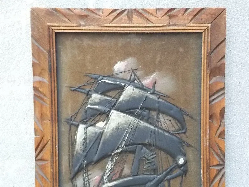 Velvet Ship Painting in Decorative Wood Frame