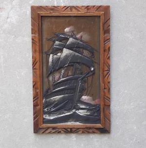 Velvet Ship Painting in Decorative Wood Frame