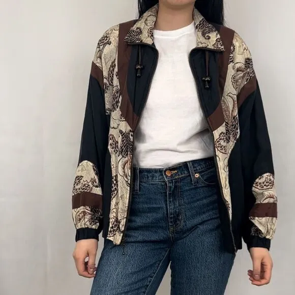 Vintage AB Sport Black and Brown 100% Silk Jacket Zip Up Jacket