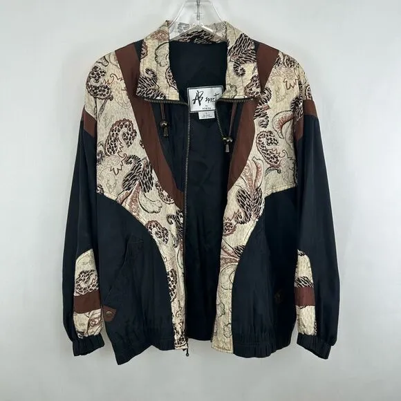 Vintage AB Sport Black and Brown 100% Silk Jacket Zip Up Jacket