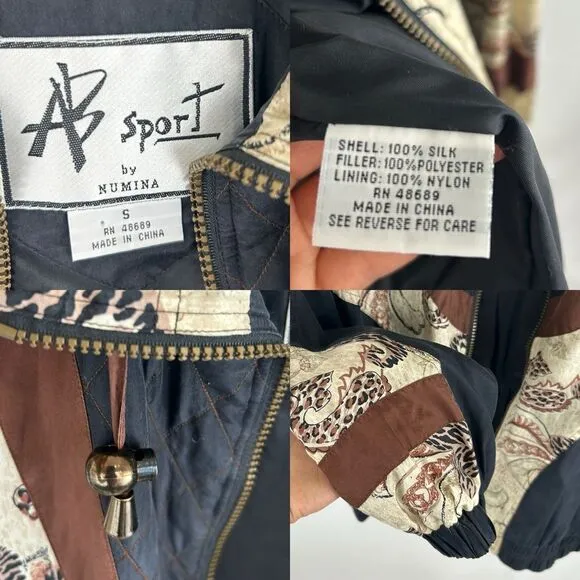 Vintage AB Sport Black and Brown 100% Silk Jacket Zip Up Jacket
