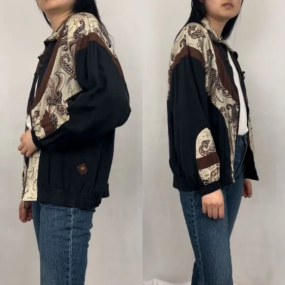 Vintage AB Sport Black and Brown 100% Silk Jacket Zip Up Jacket