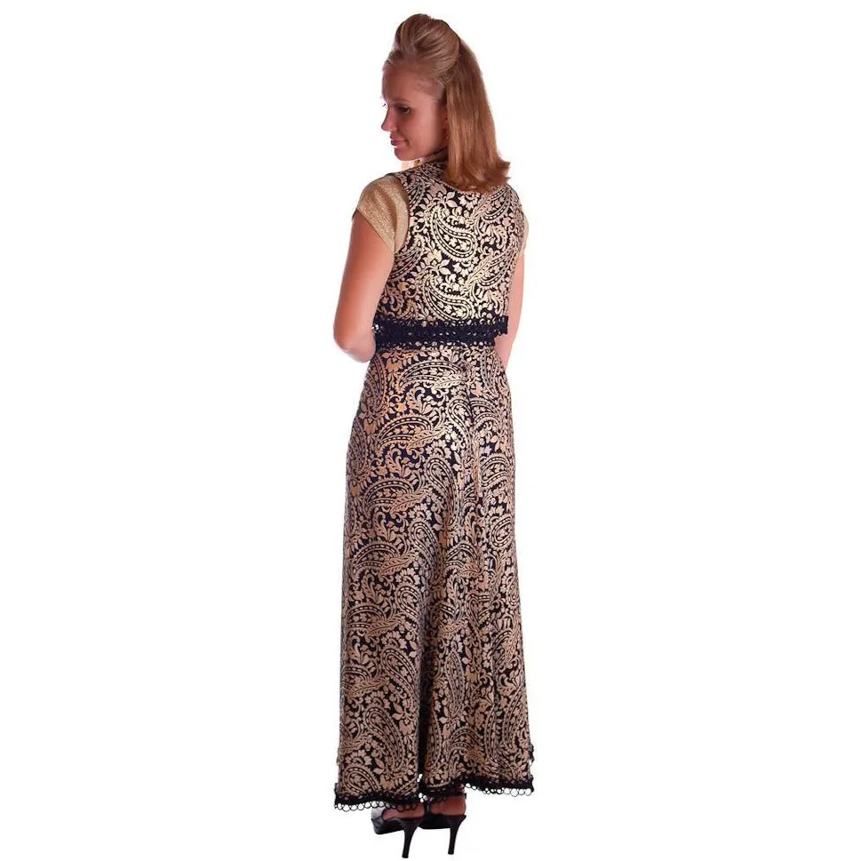 Vintage Black Metallic Silk Paisley Brocade Gold Skirt Vest 1970S Waist 28