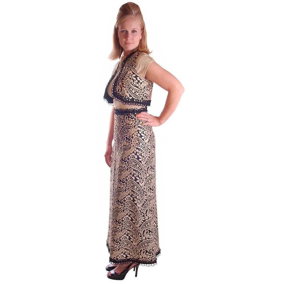 Vintage Black Metallic Silk Paisley Brocade Gold Skirt Vest 1970S Waist 28
