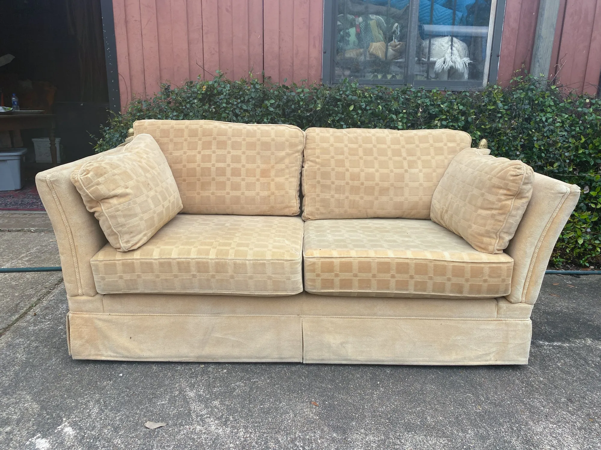 Vintage French Ivory Velvet Canapé Sofa with Adjustable Arms and Brass Finials