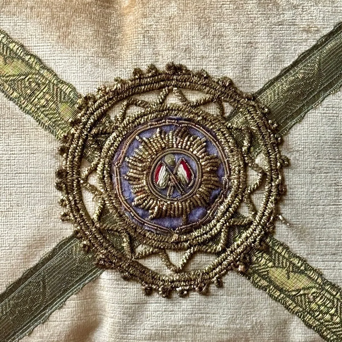 Vintage Gold Metallic and Lavender Medallion on Tawny Gold Velvet (#A060324 | 12 1/2 x 16")