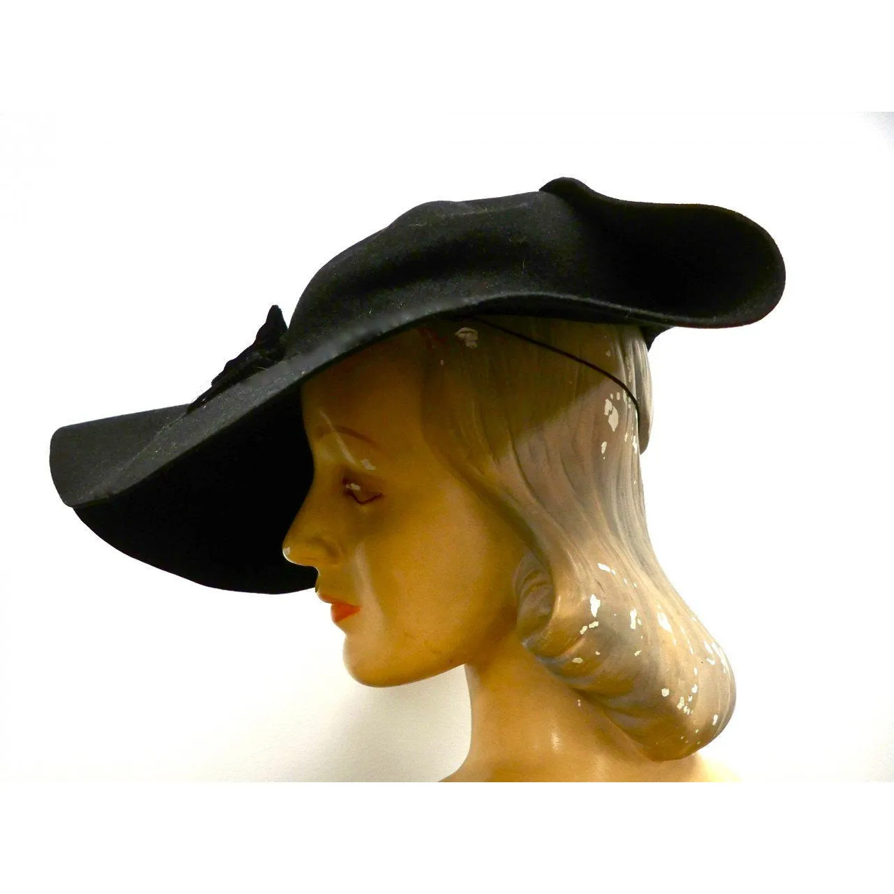 Vintage Ladies Black Felt Picture Hat Very Dramatic 1940s Large Fascinator