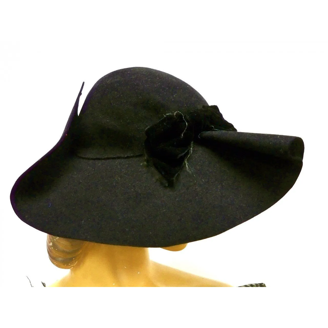 Vintage Ladies Black Felt Picture Hat Very Dramatic 1940s Large Fascinator
