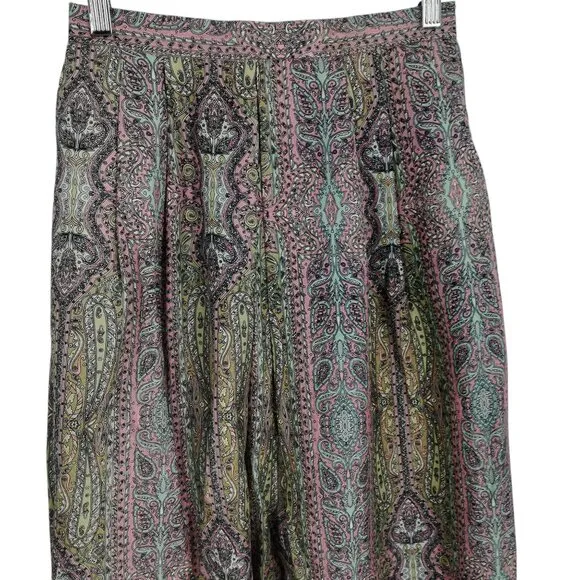 Vintage Paisley Silk Pleated Midi Skirt Size 6 Pink Beige Lined Pockets Zipper