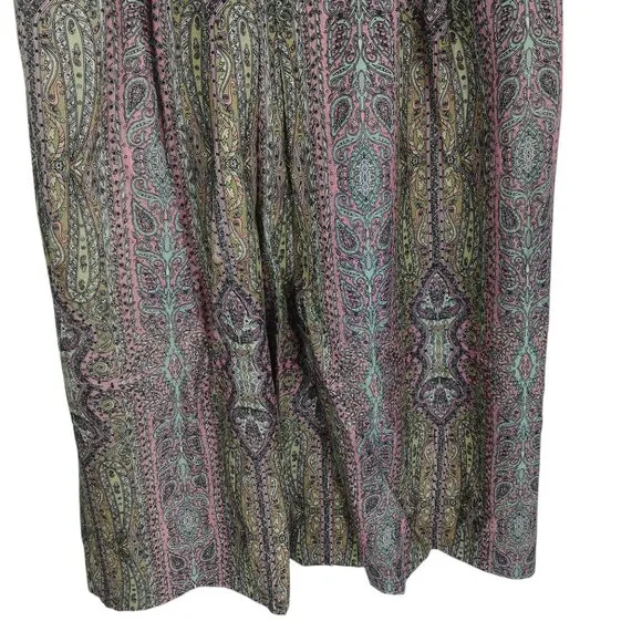 Vintage Paisley Silk Pleated Midi Skirt Size 6 Pink Beige Lined Pockets Zipper