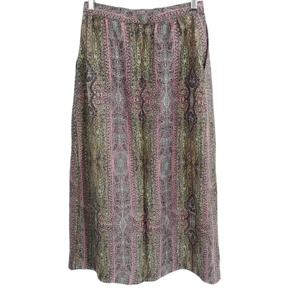 Vintage Paisley Silk Pleated Midi Skirt Size 6 Pink Beige Lined Pockets Zipper