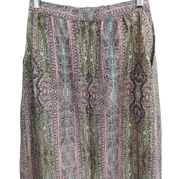 Vintage Paisley Silk Pleated Midi Skirt Size 6 Pink Beige Lined Pockets Zipper
