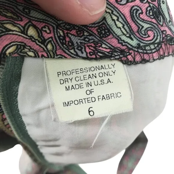 Vintage Paisley Silk Pleated Midi Skirt Size 6 Pink Beige Lined Pockets Zipper