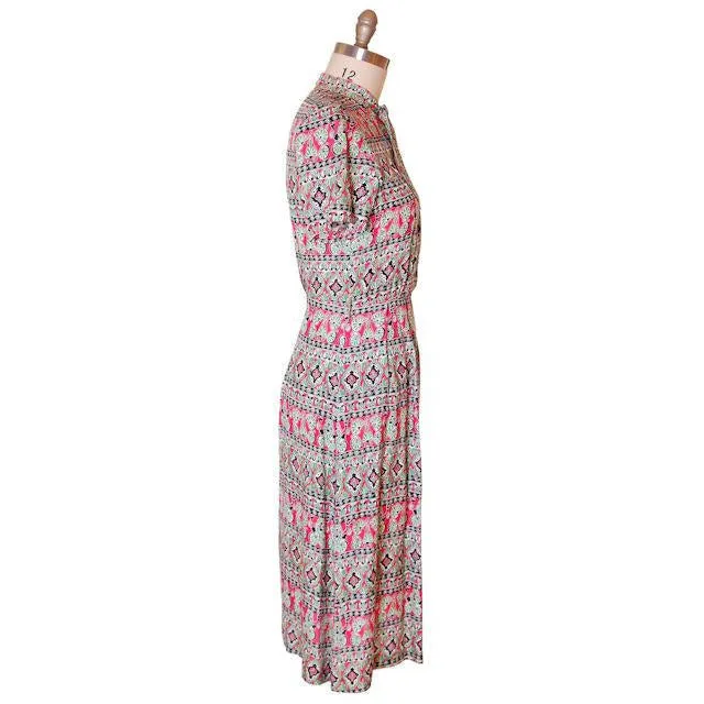 Vintage Rayon Print Dress Red & Green 1940s Smart Set 41-30-45