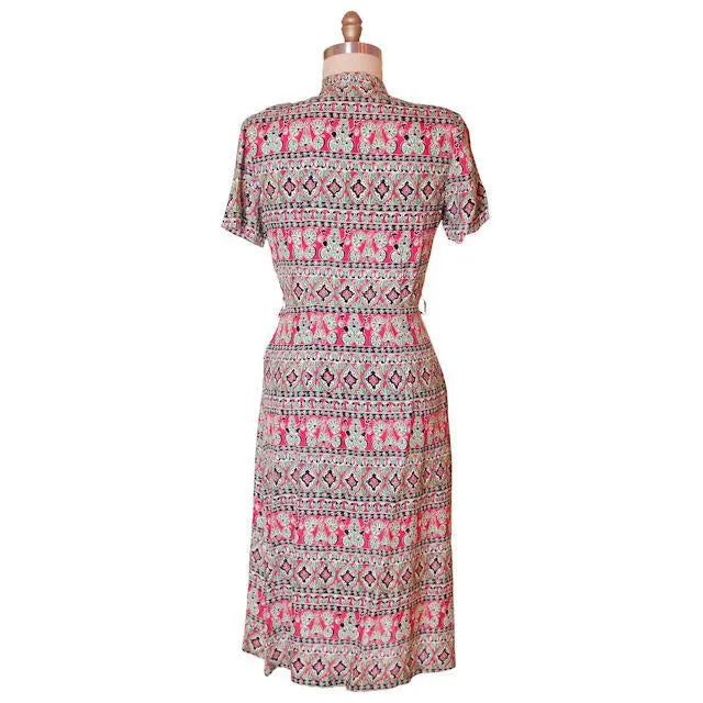 Vintage Rayon Print Dress Red & Green 1940s Smart Set 41-30-45