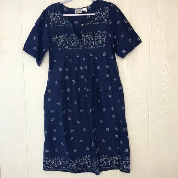 Vintage Styled by Saybury Navy Blue Paisley Mumu Dress Cotton Size Medium