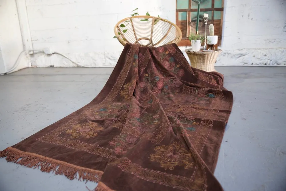 Vintage velvet Suzani throw in coffee