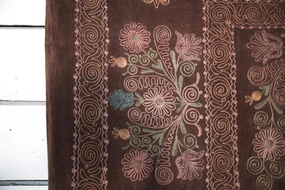 Vintage velvet Suzani throw in coffee