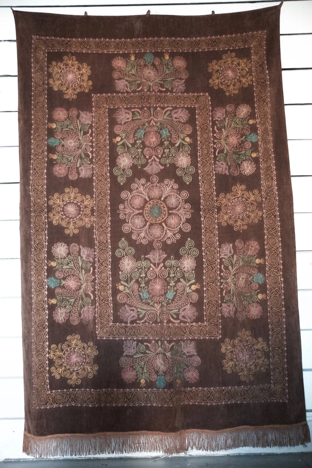 Vintage velvet Suzani throw in coffee