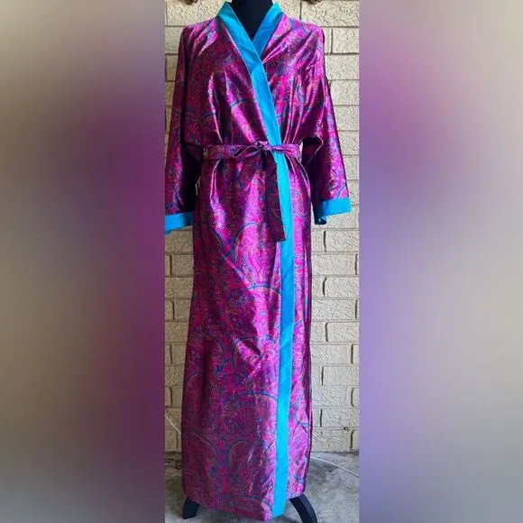 Vintage Moodsetter Full Length Robe Dressing Gown Fuchsia Pink Blue Paisley