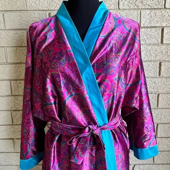 Vintage Moodsetter Full Length Robe Dressing Gown Fuchsia Pink Blue Paisley