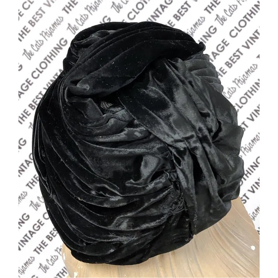 Vtg Christian Dior Black Silk Velvet Turban Hat 1950s M/L