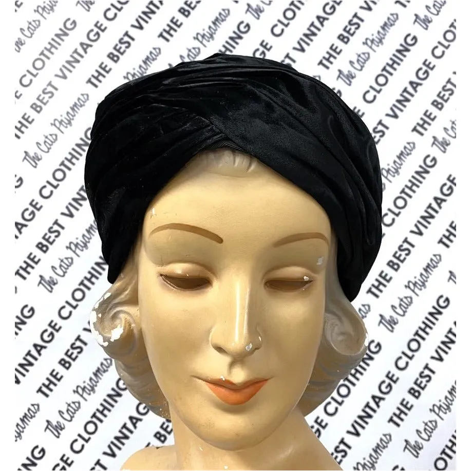 Vtg Christian Dior Black Silk Velvet Turban Hat 1950s M/L