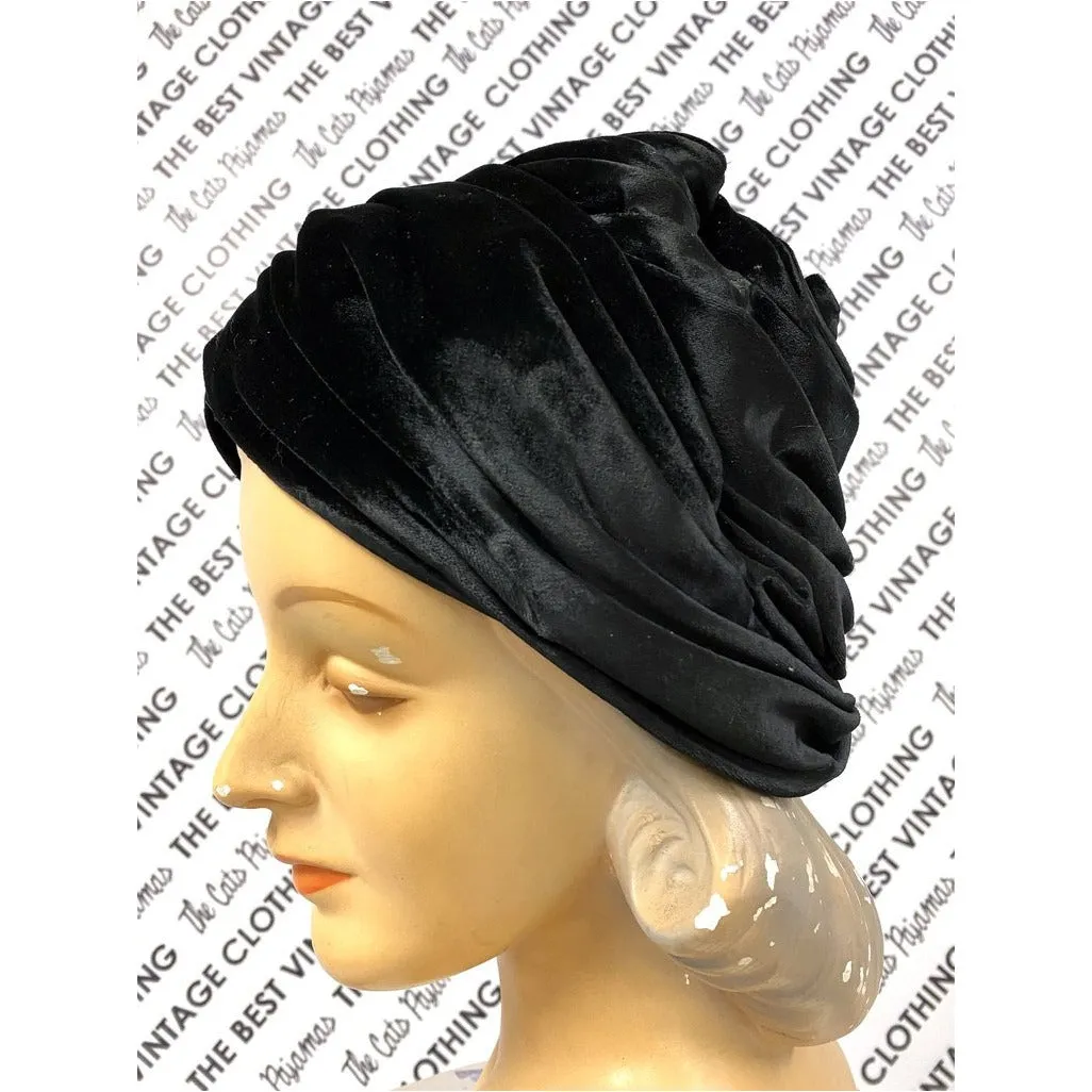 Vtg Christian Dior Black Silk Velvet Turban Hat 1950s M/L