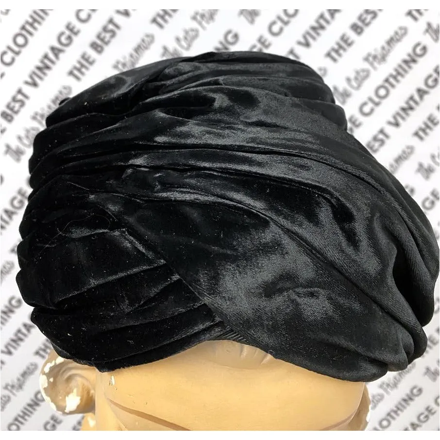 Vtg Christian Dior Black Silk Velvet Turban Hat 1950s M/L