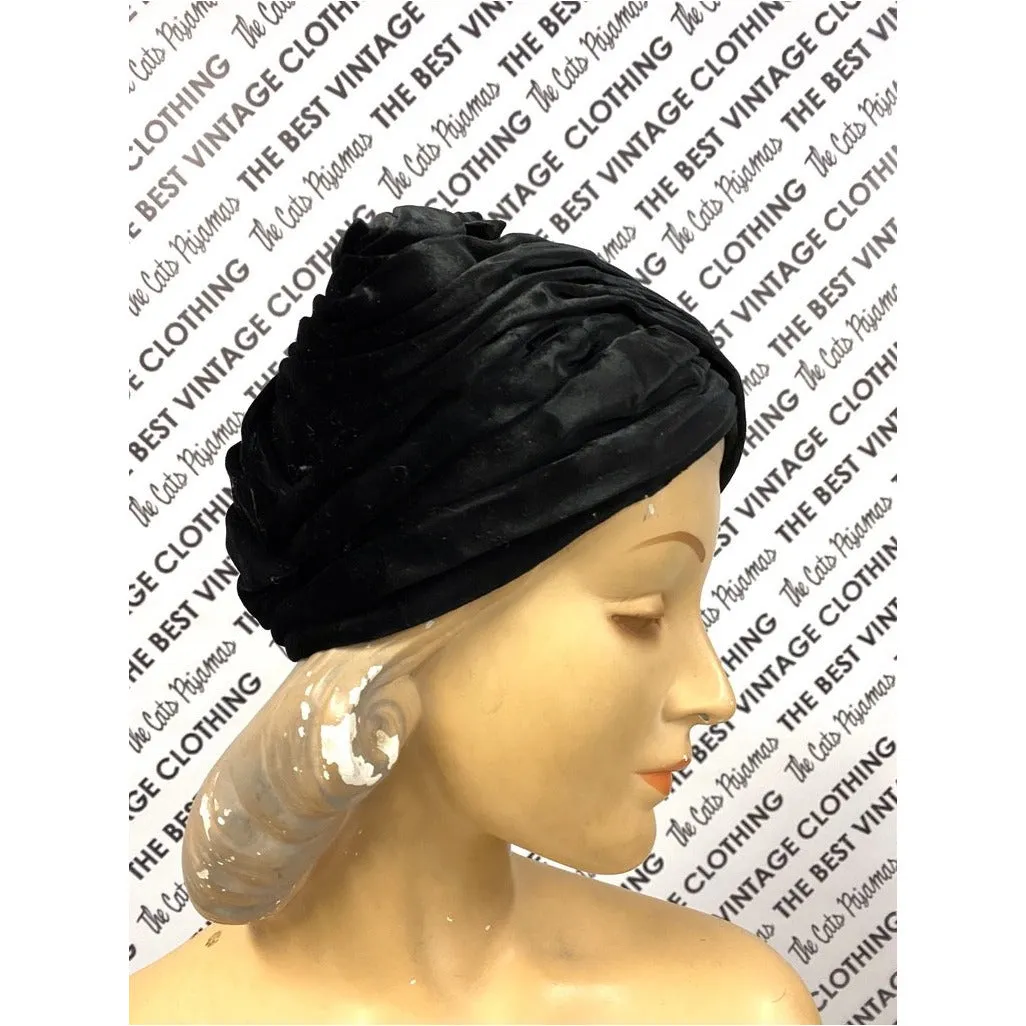 Vtg Christian Dior Black Silk Velvet Turban Hat 1950s M/L