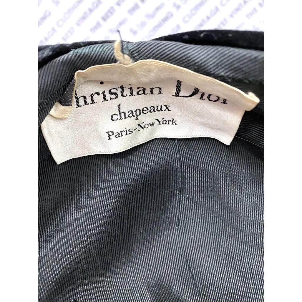 Vtg Christian Dior Black Silk Velvet Turban Hat 1950s M/L