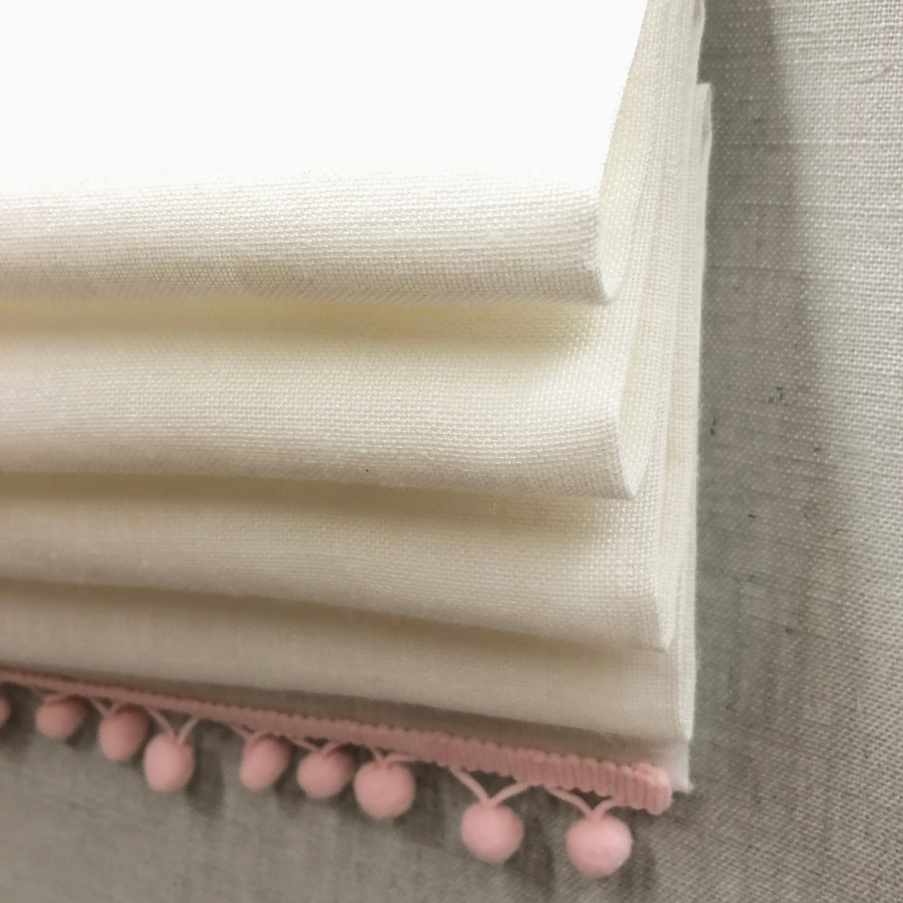 White 100% Natural Linen with Pom Pom Custom Kid's and Nursery room Flat Roman Shade.