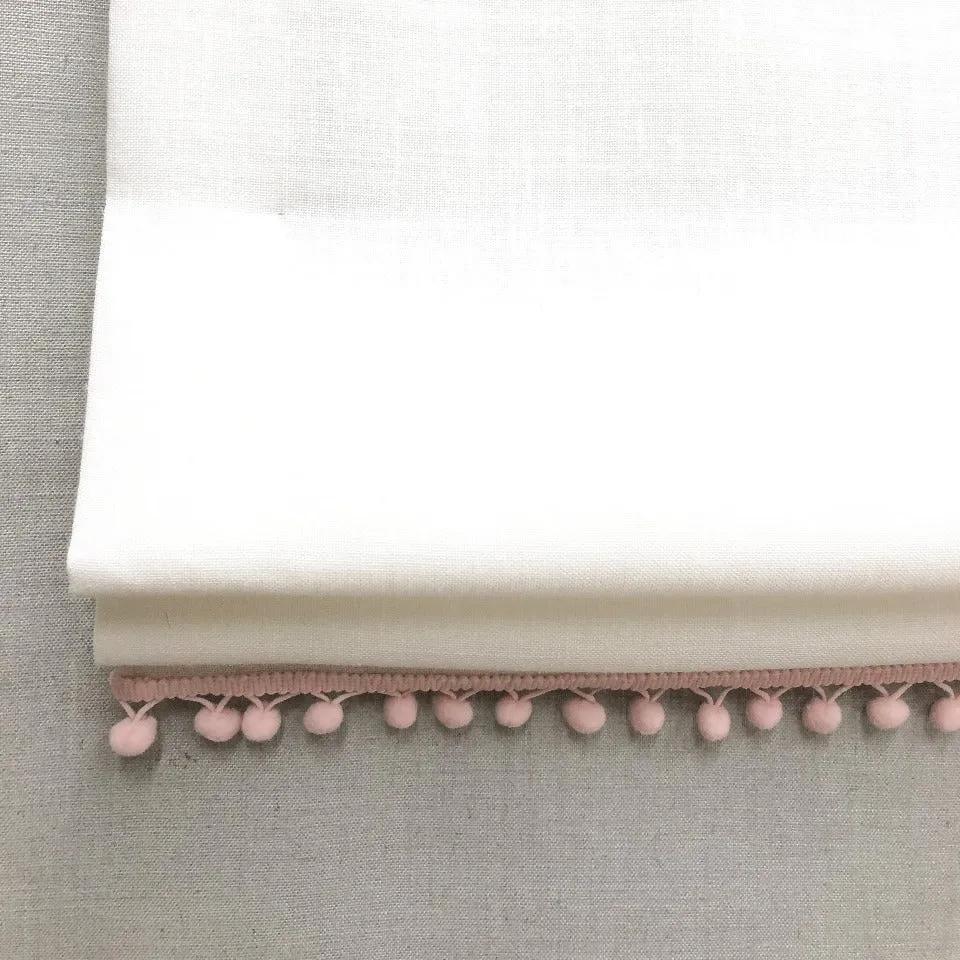 White 100% Natural Linen with Pom Pom Custom Kid's and Nursery room Flat Roman Shade.